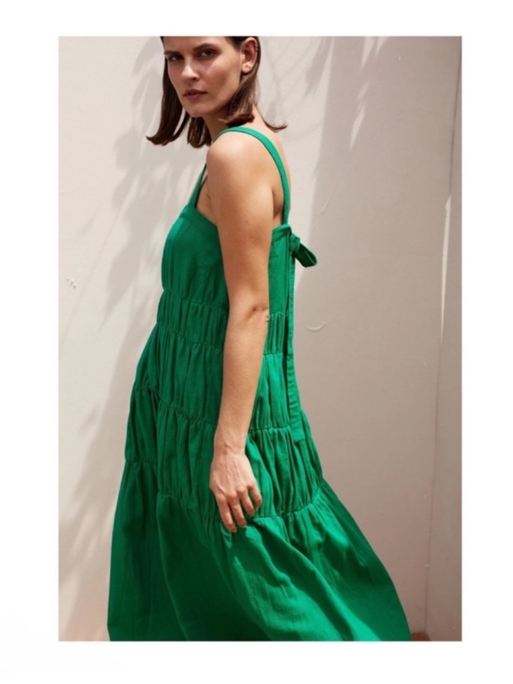 New! Rue Stiic Elsa Linen Tiered Flowy Summer Maxi Dress in French Green - Picture 8 of 13